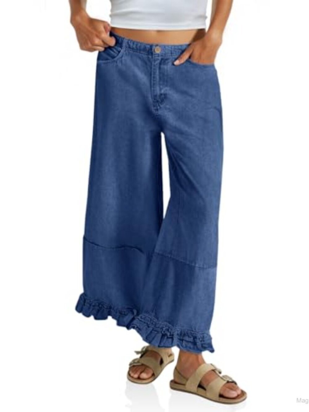 High Rise Ruffle Hem Wide Leg Jeans Ankle Length Stretchable Cotton Blend